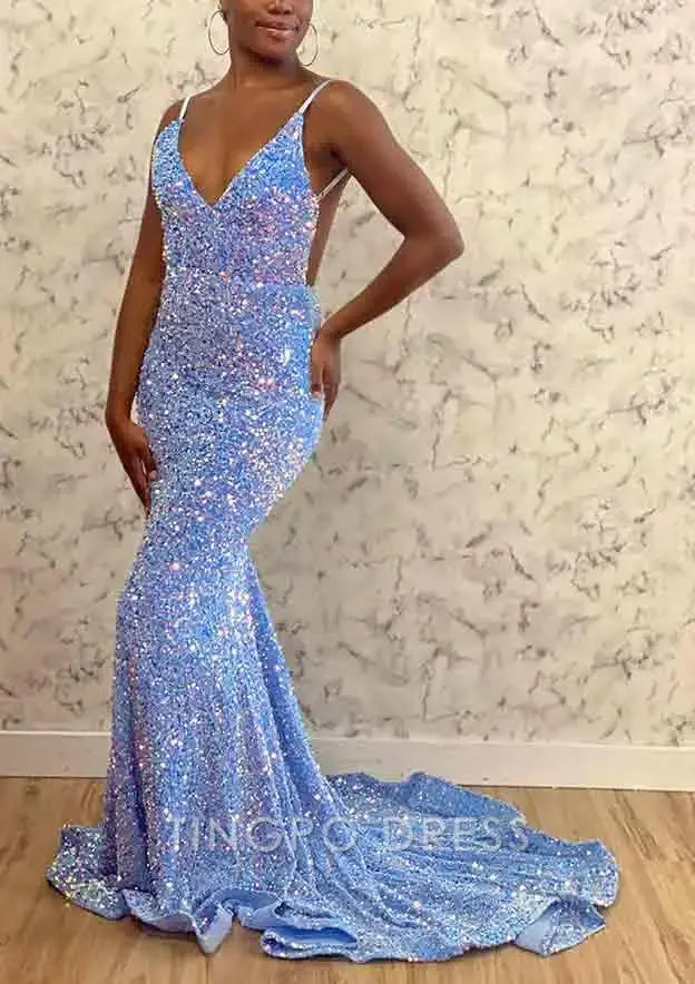 TingPo Wholesale Elegant Sheath/Column V Neck Sleeveless Court Train Velvet Sequins Prom Dress